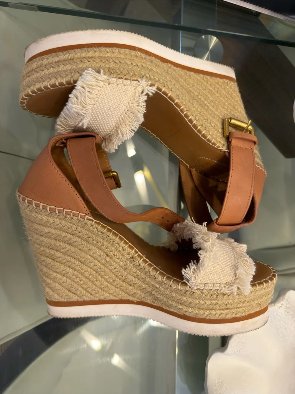 Chloe Tan and Cream Espadrille Wedge Sandals
